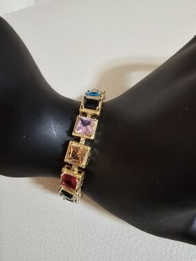 Gold Multicolor Square Gem Tennis Bracelet - Women Jewelry